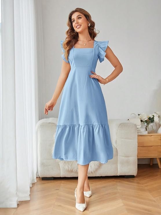 Shasmi Girl's & Women's Solid Color Square Neck, Ruffle-Trimmed Hem Sleeveless, Ruffle Armhole and Casual Dress with Cinched Waist Vacation Outfits Woman (Dress 162) baby Blue