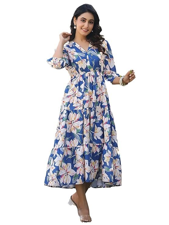 Leriya Fashion Women?s Floral High-Low Maxi Dress | V-Neck A-Line Fit | 3/4 Sleeve Summer Outfit for Vacation, Brunch, Festive & Beach Wear Blue