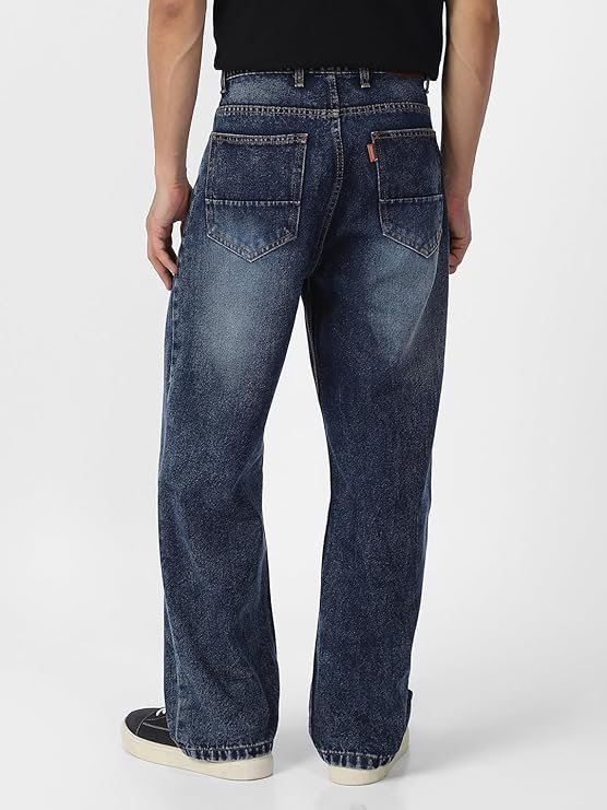 Urbano Fashion Men's Loose Mid Rise Baggy Fit Washed Jeans Non-Stretchable Dark Blue - Image 2