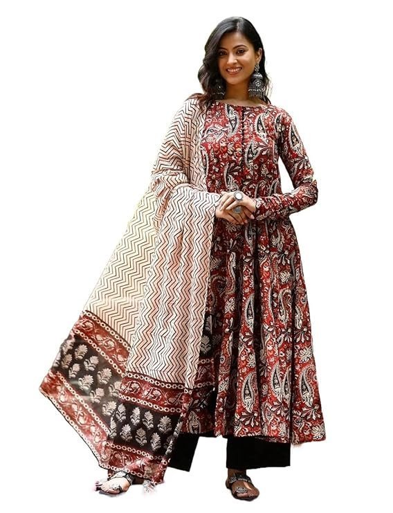 Nermosa Women Printed Anarkali Kurta and Pant Set with Dupatta Maroon