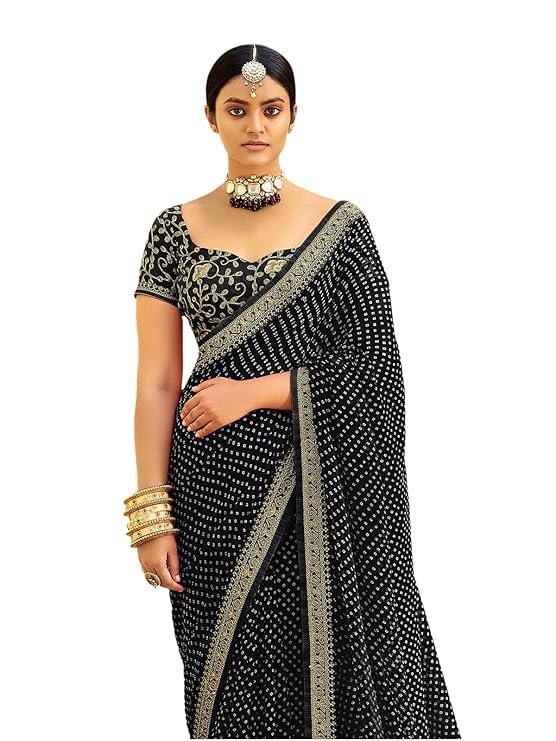 SIRIL Women's Bandhani Printed Embroidery Lace Georgette Saree with Unstitched Blouse Piece Black