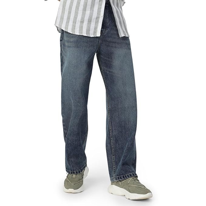 Urbano Fashion Men's Loose Mid Rise Baggy Fit Washed Jeans Non-Stretchable Blue