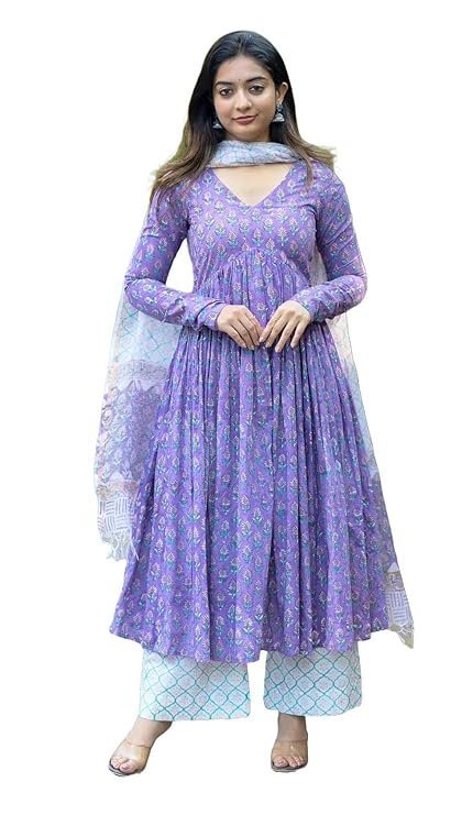 Nermosa Women Printed Anarkali Kurta and Pant Set with Dupatta Purple