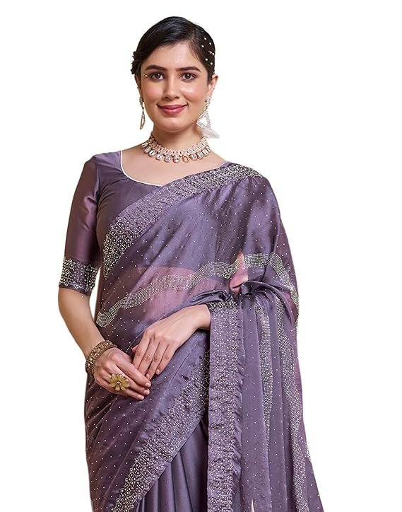 SIRIL Women's Chiffon Hot Fixing Stone Work Saree With Unstitched Blouse Piece Mauve