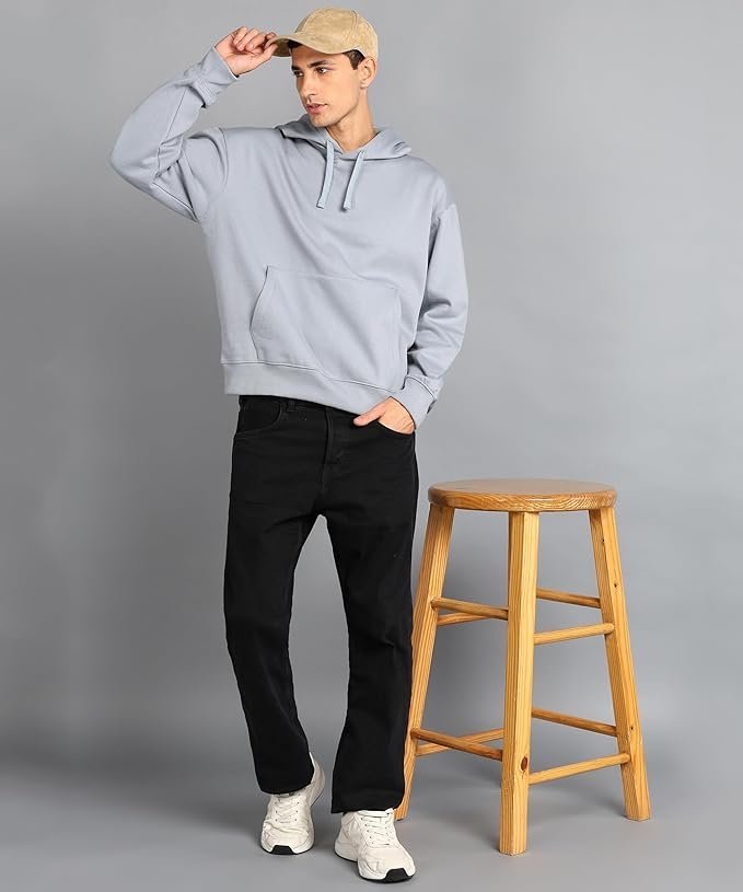 Alan Jones Clothing Men?s Solid Oversized Hoodie | Cotton Blend Pullover with Kangaroo Pocket & Adjustable Hood | Casual Winter Wear Grey - Image 2