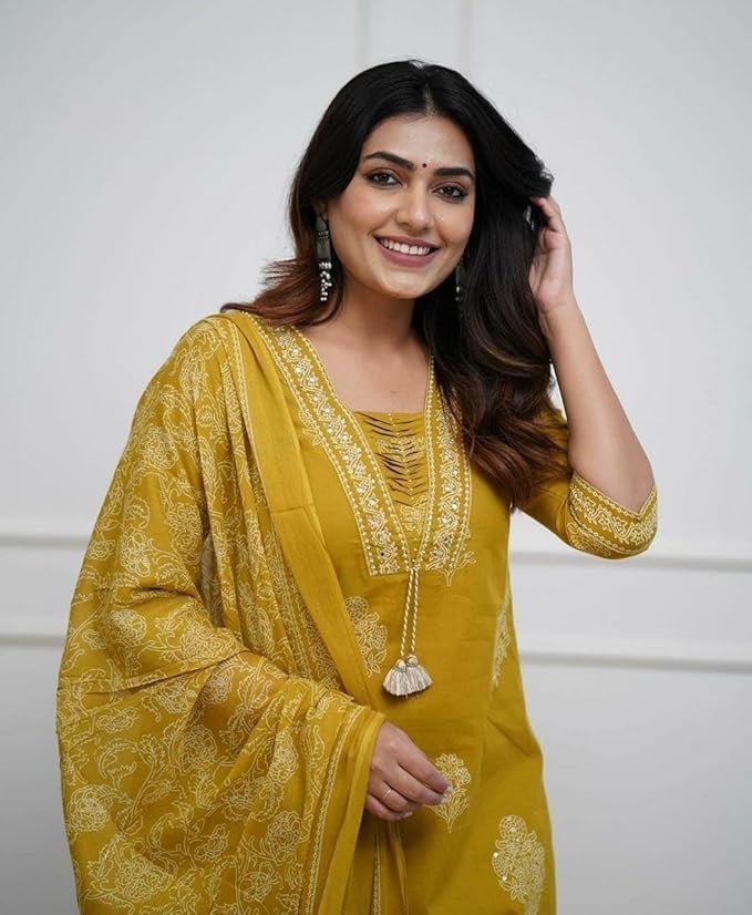 PARTHVI|Women's Pure Cotton Printed with Handwork Kurta with Pants and Dupatta Set | Ethnic Set | Suit Set | Kurta Set | Wedding Suit Set Yellow - Image 3