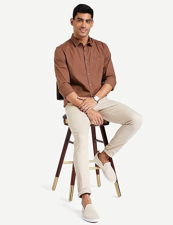 Men's Cotton Shirt | Casual | Plain | Full Sleeve | Summer - Regular Fit Brown - Image 2