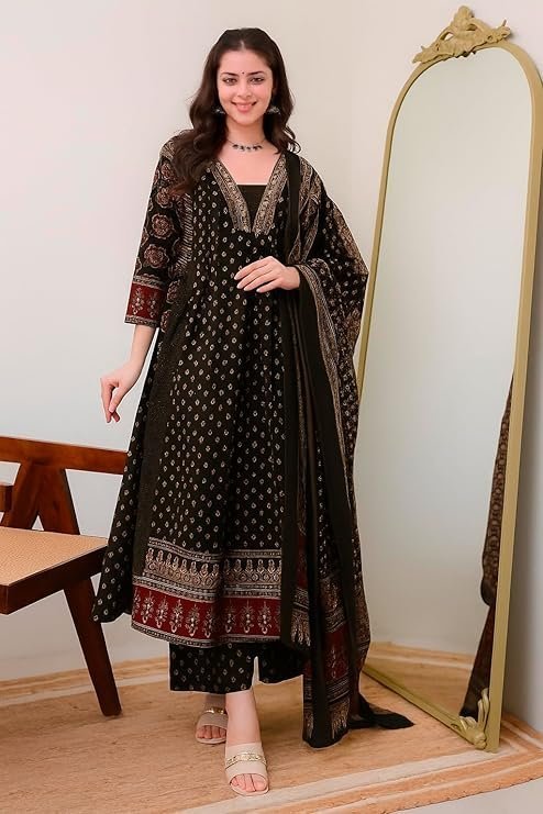 KLOSIA Women's Rayon Printed Anarkali Kurta and Pant with Dupatta Set Black