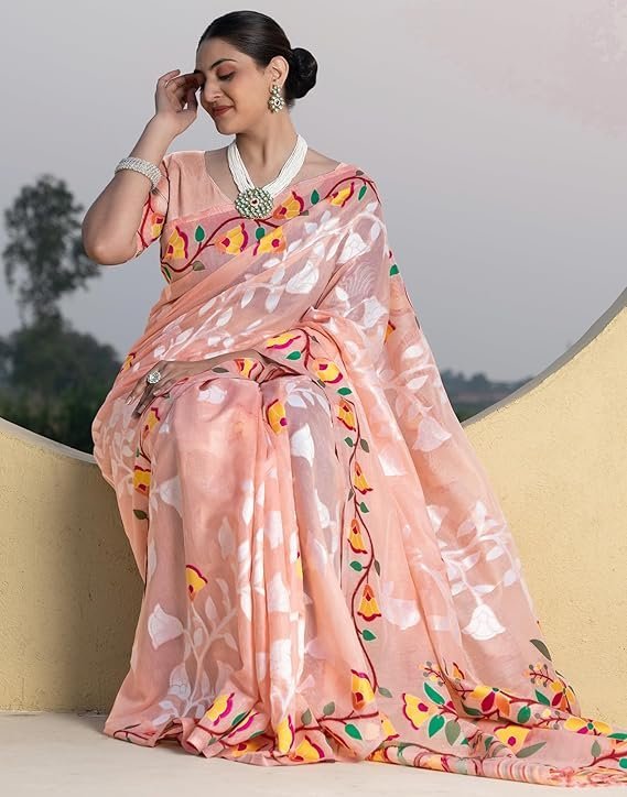 SIRIL Women's Cotton Jacquard Saree With Unstitched Blouse Piece Light Peach - Image 2