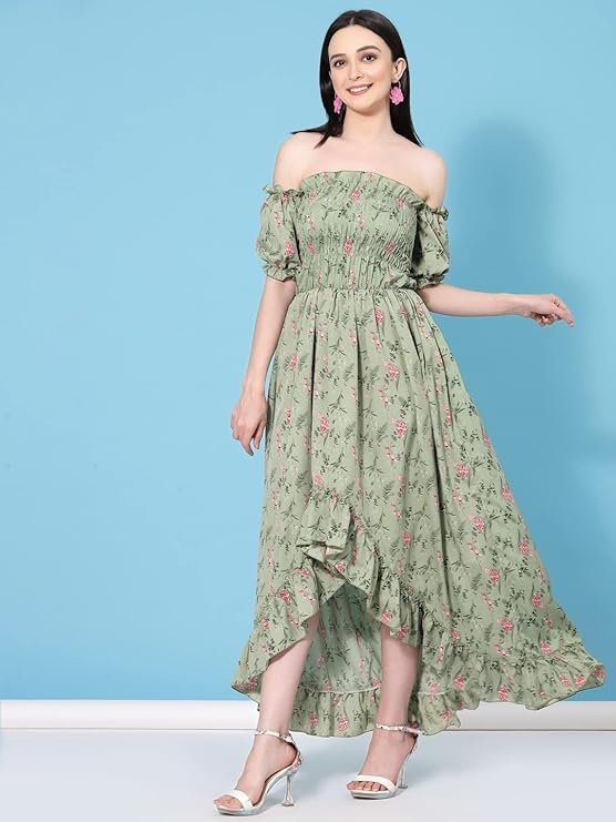 OOMPH! Flared Dress for Women Stylish | Long One Piece for Women | Off Shoulder Puff Sleeve Long Dress | Floral Print Maxi One Piece | Western & Fusion wear Bohemian Style Light Green