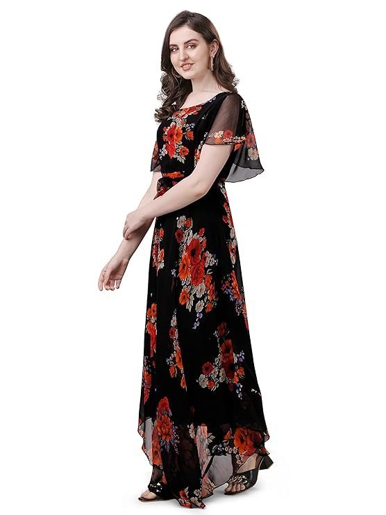 Fashion2wear Women's Georgette Floral Digital Print Short Sleeve Full-Length Fit & Flare Long Gown Dress for Girls (LN-X9TQ-MN1D) Black_Flower - Image 2