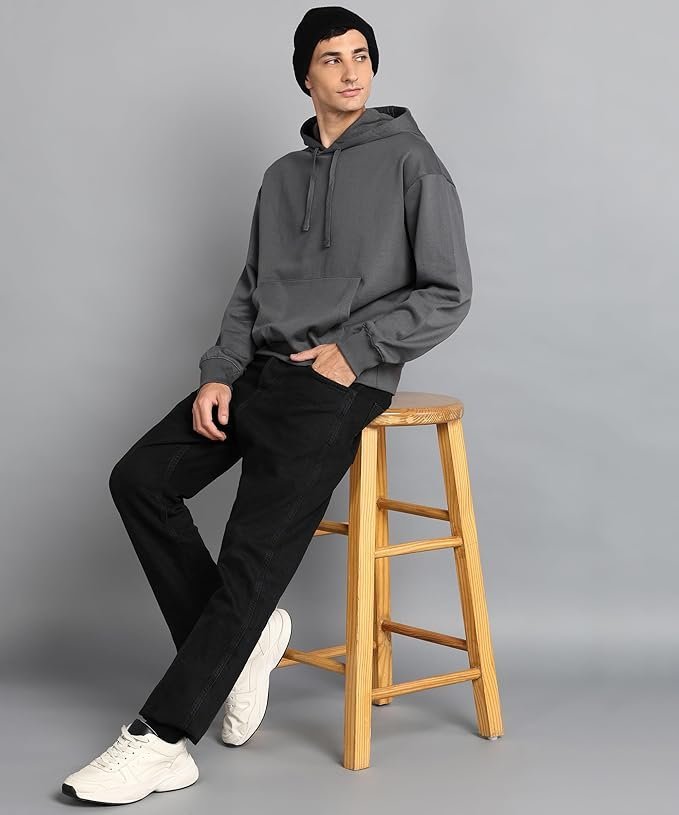 Alan Jones Clothing Men?s Solid Oversized Hoodie | Cotton Blend Pullover with Kangaroo Pocket & Adjustable Hood | Casual Winter Wear Anthracite Grey - Image 2