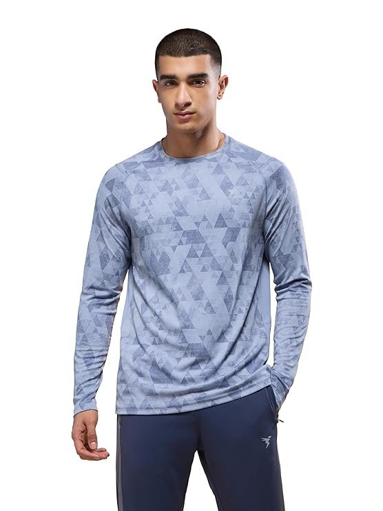 TECHNOSPORT Men's Slim Fit Crew Neck Full Sleeve Printed Jacquard T-Shirt with Technocool+, UPF50+ for Gym, Sports & Regular use