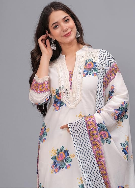 Amayra Women's Pure Cotton Printed Straight Kurta Set with Palazzo Pants & Dupatta- Ethnic Wear, White - Image 3