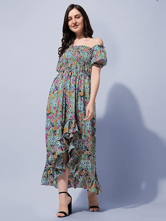 OOMPH! Flared Dress for Women Stylish | Long One Piece for Women | Off Shoulder Puff Sleeve Long Dress | Floral Print Maxi One Piece | Western & Fusion wear Bohemian Style Green