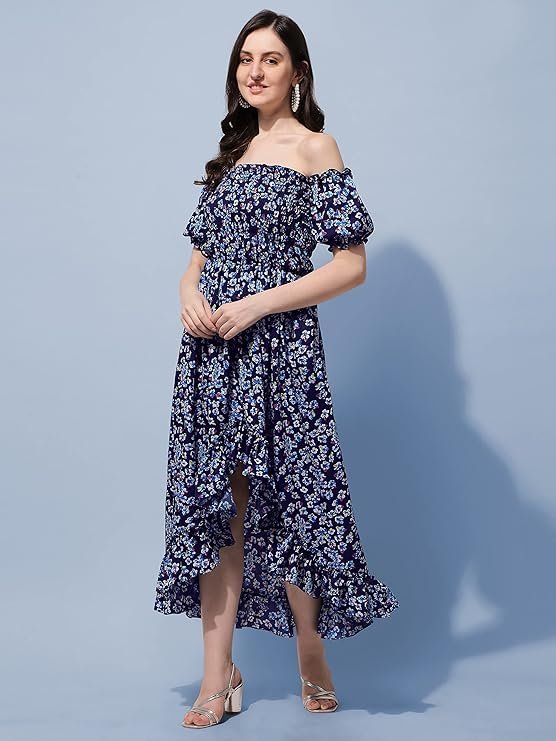 OOMPH! Flared Dress for Women Stylish | Long One Piece for Women | Off Shoulder Puff Sleeve Long Dress | Floral Print Maxi One Piece | Western & Fusion wear Bohemian Style Blue
