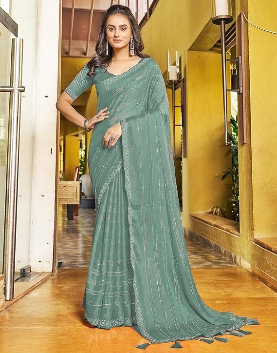 SIRIL Women's Chiffon Hot Fixing Stone Work Saree With Unstitched Blouse Piece Pastel Green - Image 3