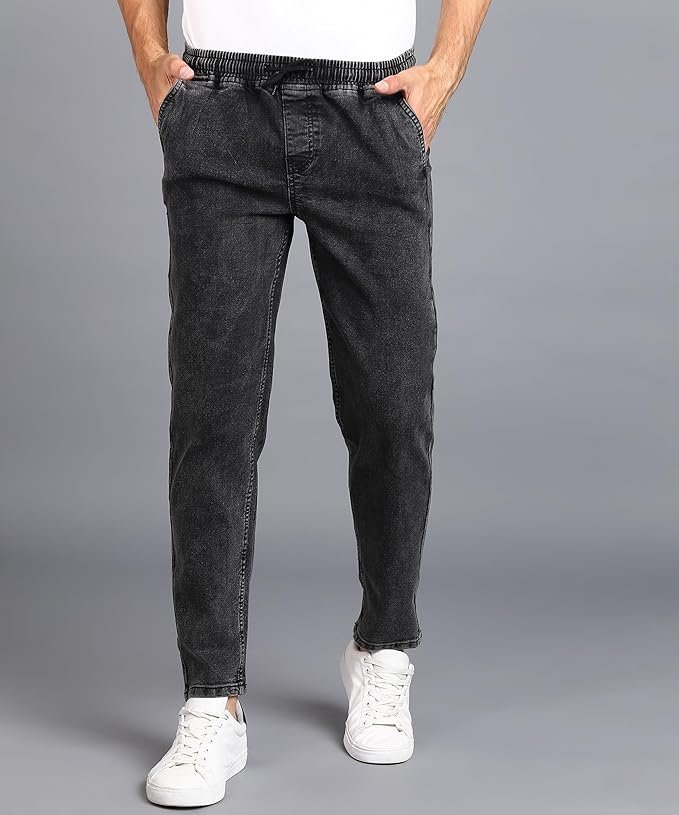 Urbano Fashion Men Mid Rise Regular Fit Washed Jogger Jeans Stretchable Jet Black - Image 2