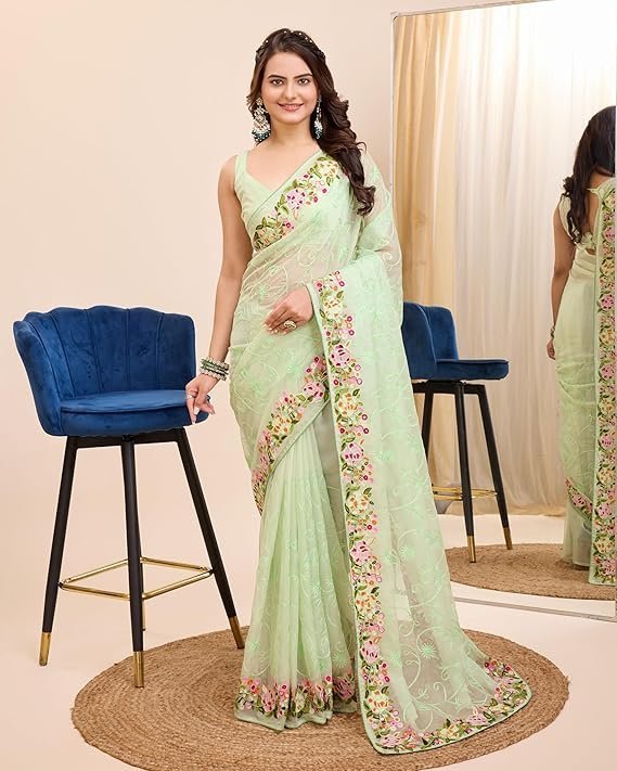 Ekasya Women Soft Organza Black Embroidery Saree (E6200_3) - Elegant Design, Intricate Embroidery, Lightweight, Perfect for Weddings, Parties, and Special Occasions, Stylish and Comfortable Fit Neo Mint