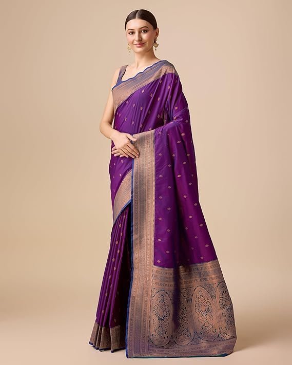 Monjolika Fashion Women's Elegant Banarasi Silk Saree with Intricate Zari Work with Rich Brocade Patterns and Unstitched Blouse Piece Dark Purple