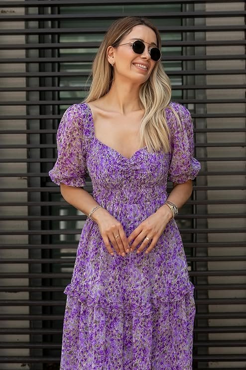 Sheetal Associates Women's Floral Puff Sleeve High Waist A Line Flowy Long Dress Purple - Image 2