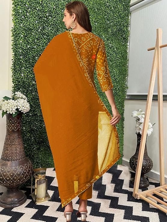 GoSriKi Women's Rayon Viscose Straight Bandhej Printed Kurta with Pant & Dupatta Mustard - Image 2