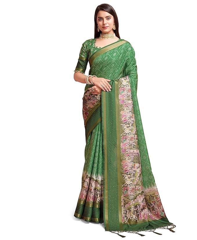 Rekha Maniyar Women's Pure Silk Kalamkari Printed Saree With Unstitched Blouse Green