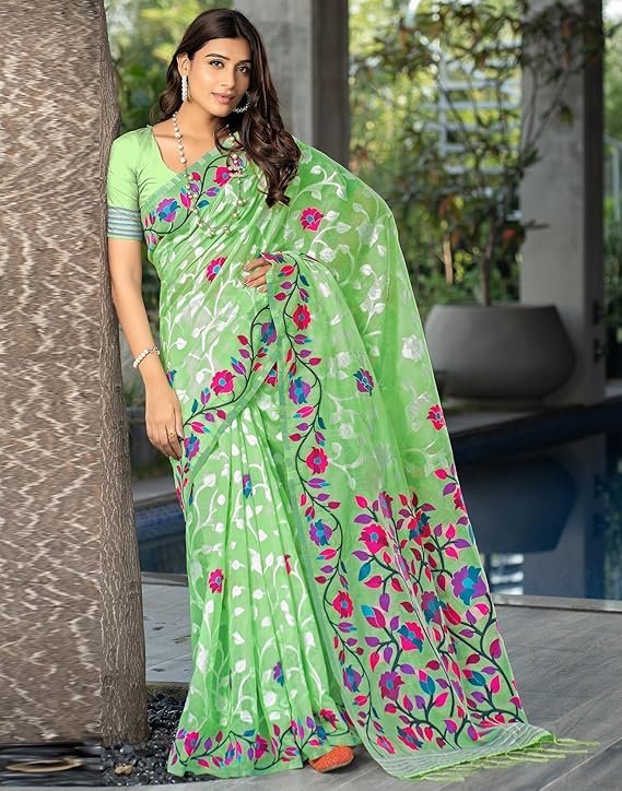 SIRIL Women's Cotton Jacquard Saree With Unstitched Blouse Piece Light Green