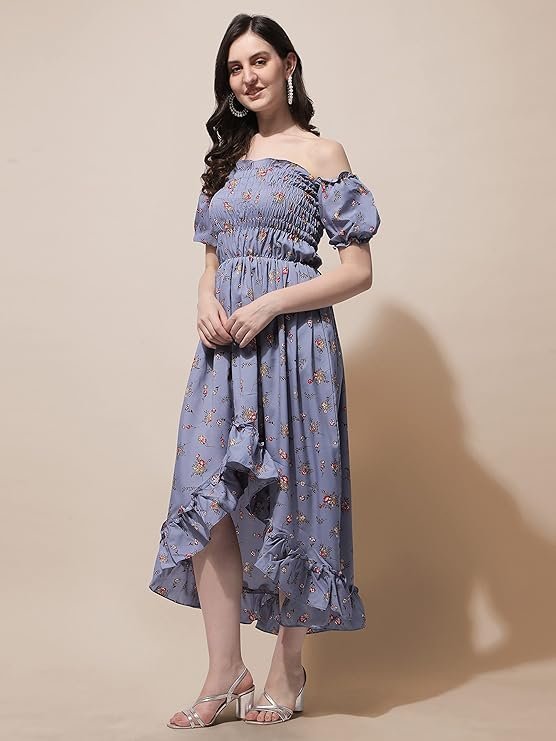 OOMPH! Flared Dress for Women Stylish | Long One Piece for Women | Off Shoulder Puff Sleeve Long Dress | Floral Print Maxi One Piece | Western & Fusion wear Bohemian Style Grey - Image 2