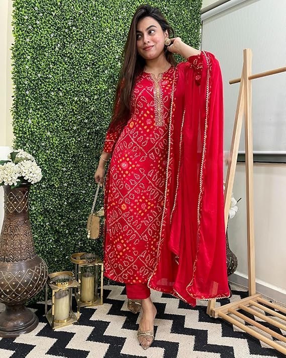 GoSriKi Women's Rayon Viscose Straight Bandhej Printed Kurta with Pant & Dupatta Red