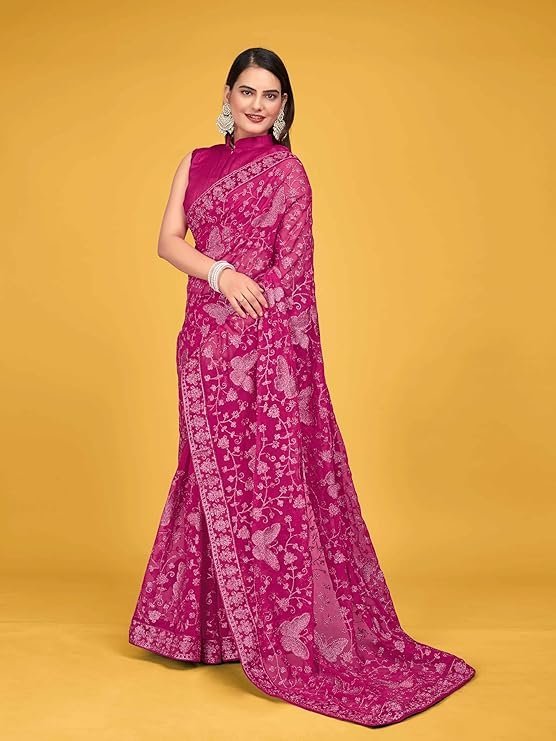 Manohari Most Trendy Embroidery Saree With Unstich Blouse Piece Pink - Image 2