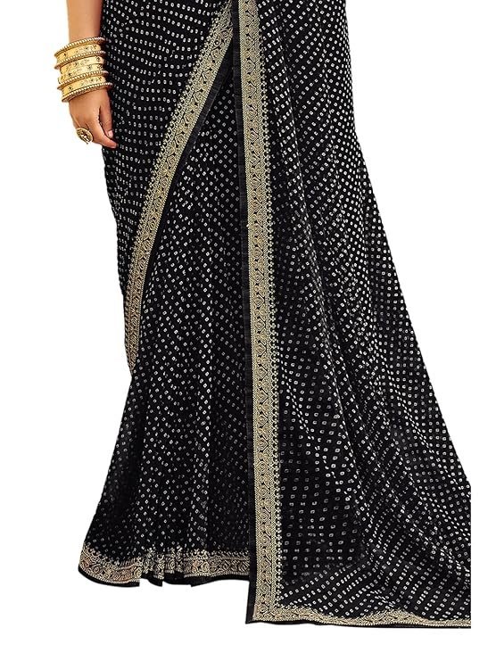 SIRIL Women's Bandhani Printed Embroidery Lace Georgette Saree with Unstitched Blouse Piece Black - Image 2