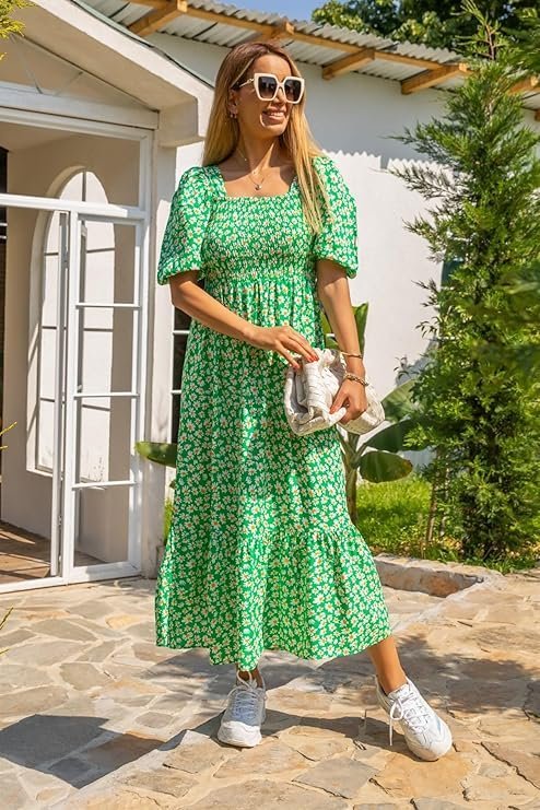 Sheetal Associates Women's Casual Flower Print Puff Sleeves Maxi Dress - Light Green