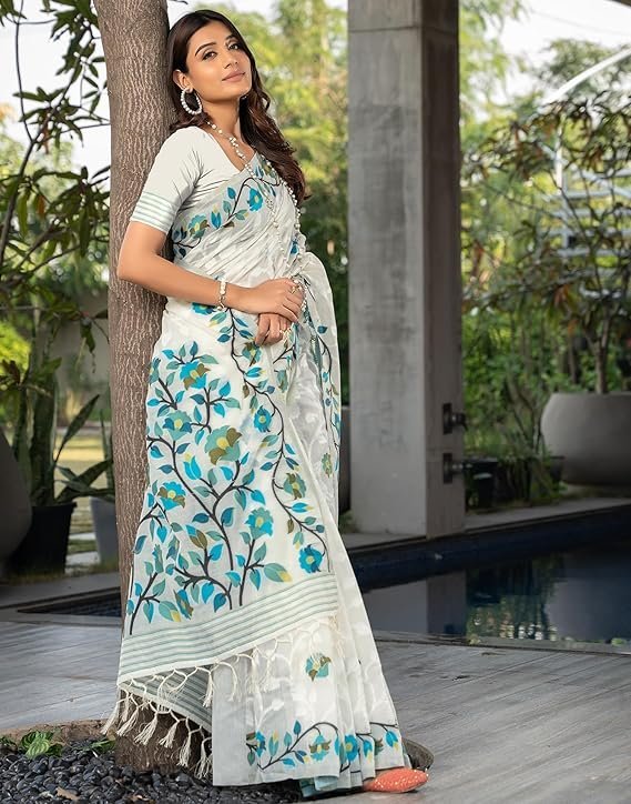 SIRIL Women's Cotton Jacquard Saree With Unstitched Blouse Piece White