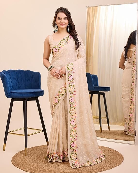 Ekasya Women Soft Organza Black Embroidery Saree (E6200_3) - Elegant Design, Intricate Embroidery, Lightweight, Perfect for Weddings, Parties, and Special Occasions, Stylish and Comfortable Fit Cream