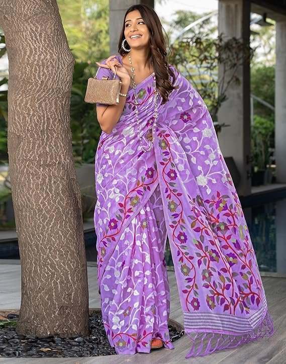 SIRIL Women's Cotton Jacquard Saree With Unstitched Blouse Piece Lavender - Image 2