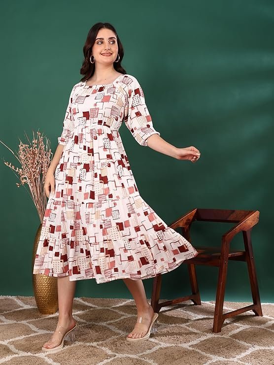 Yash Gallery Women's Rayon Floral Printed Tiered Style Maxi Dress Brown