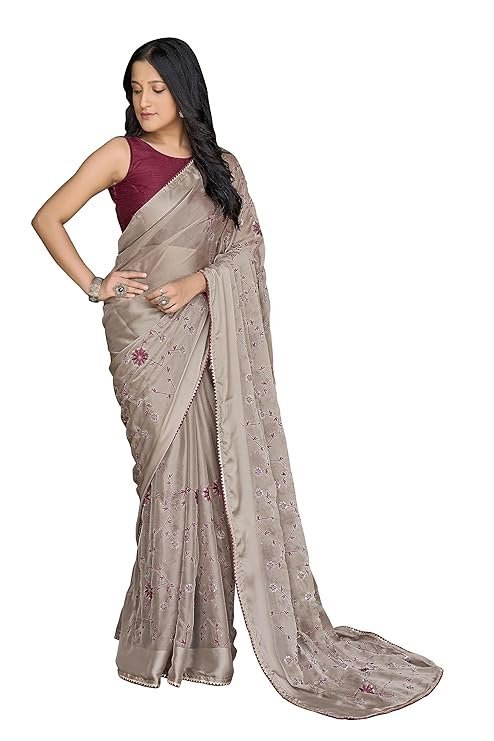Manohari Most Trendy Embroidery Saree With Unstich Blouse Piece Beige