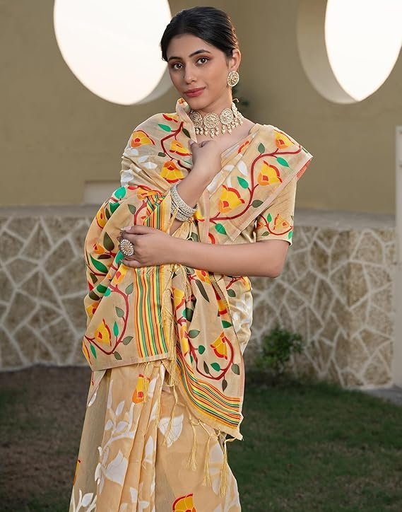 SIRIL Women's Cotton Jacquard Saree With Unstitched Blouse Piece Light Beige