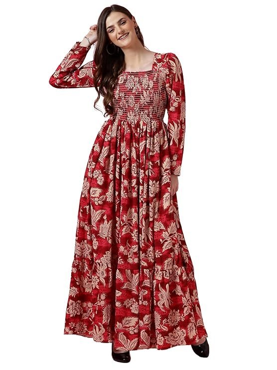 Sheetal Associates Women's Floral Puff Sleeve High Waist A Line Flowy Long Dress Red