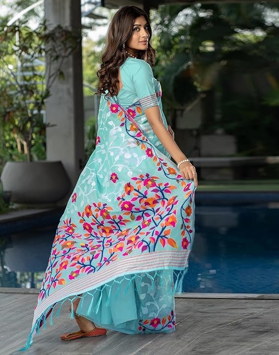 SIRIL Women's Cotton Jacquard Saree With Unstitched Blouse Piece Sky Blue - Image 2