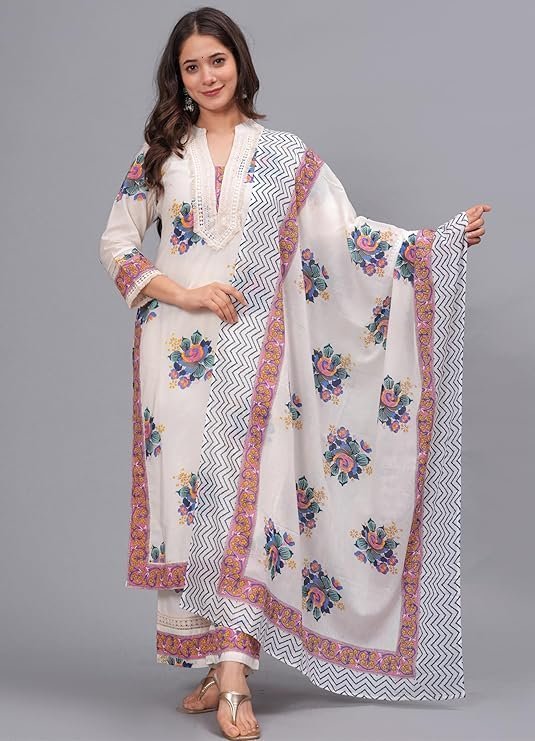 Amayra Women's Pure Cotton Printed Straight Kurta Set with Palazzo Pants & Dupatta- Ethnic Wear, White - Image 2