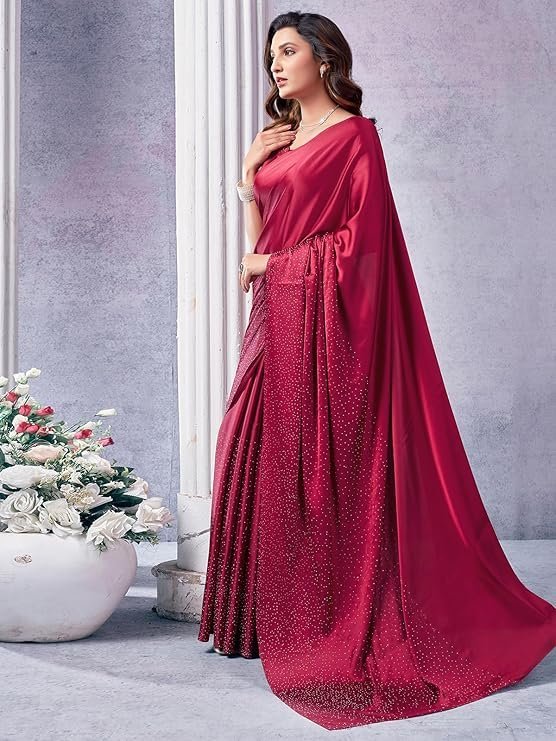 Satrani Women's Satin Silk Hot Fixing Saree with Unstitched Blouse Piece Maroon - Image 3