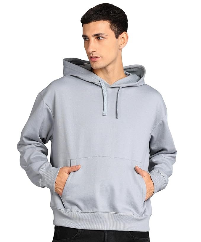 Alan Jones Clothing Men?s Solid Oversized Hoodie | Cotton Blend Pullover with Kangaroo Pocket & Adjustable Hood | Casual Winter Wear Grey