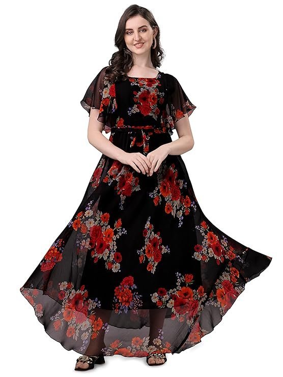 Fashion2wear Women's Georgette Floral Digital Print Short Sleeve Full-Length Fit & Flare Long Gown Dress for Girls (LN-X9TQ-MN1D) Black_Flower