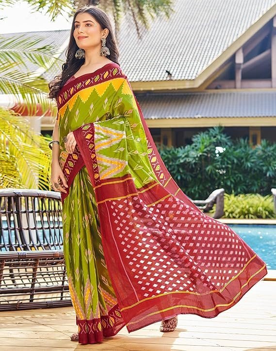 SIRIL Women's Cotton Printed Ready To Wear One Minute Saree With Unstitched Blouse Red & Green - Image 2
