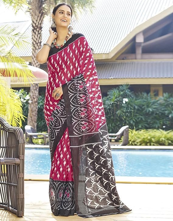 SIRIL Women's Cotton Printed Ready To Wear One Minute Saree With Unstitched Blouse Piece Black & Pink