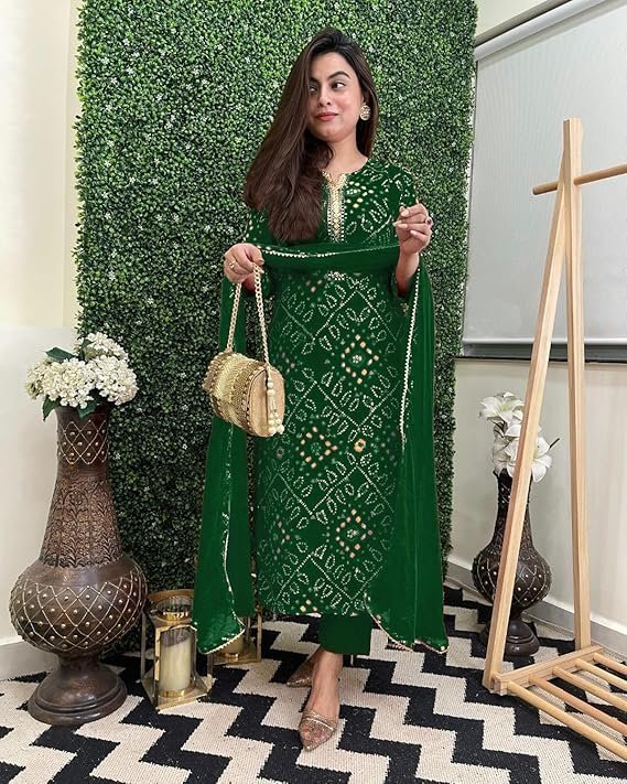GoSriKi Women's Rayon Viscose Straight Bandhej Printed Kurta with Pant & Dupatta Green - Image 2