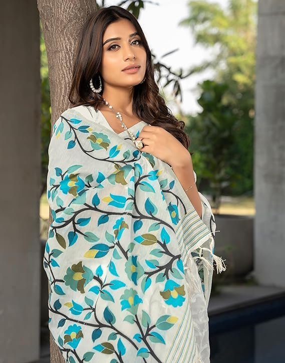 SIRIL Women's Cotton Jacquard Saree With Unstitched Blouse Piece White - Image 2
