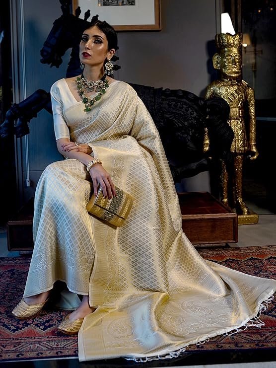 AKHILAM Women's Silk Blend Bandhani Print Kanjivaram Saree Saree With Unstitched Blouse Piece Creamy White - Image 2